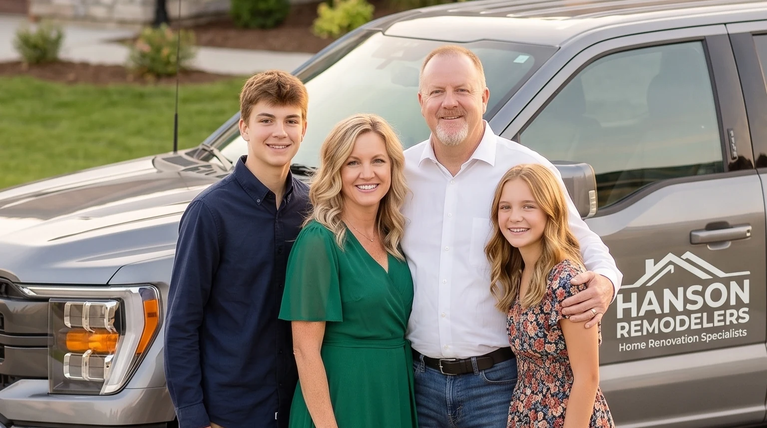 A family standing together beside a Hanson Remodelers work truck